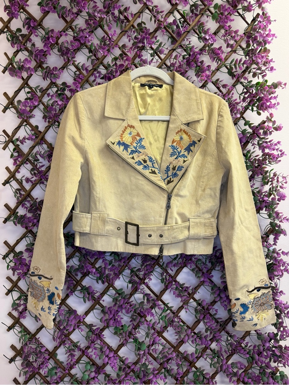 Heart Moon Star Cream Embroidered Crop Belted Leather Jacket